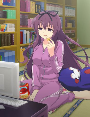 black_ribbon computer large_breasts lowres murasaki_(senran_kagura) official_art plushie potato_chips purple_coat purple_eyes purple_hair purple_sweats ribbon senran_kagura sitting sitting_on_floor smile snack teddy_bear very_long_hair yaegashi_nan