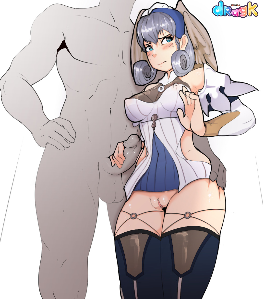 1boy, 1girls, artist name, blush, clothed female nude male, dragk, embarrassed, exposed pussy, faceless male, female, grey hair, handjob, headwings, high entia, larger male, male, melia antiqua, mostly clothed, nervous, nipples visible through clothing, penis, pussy, xenoblade (series), xenoblade chronicles