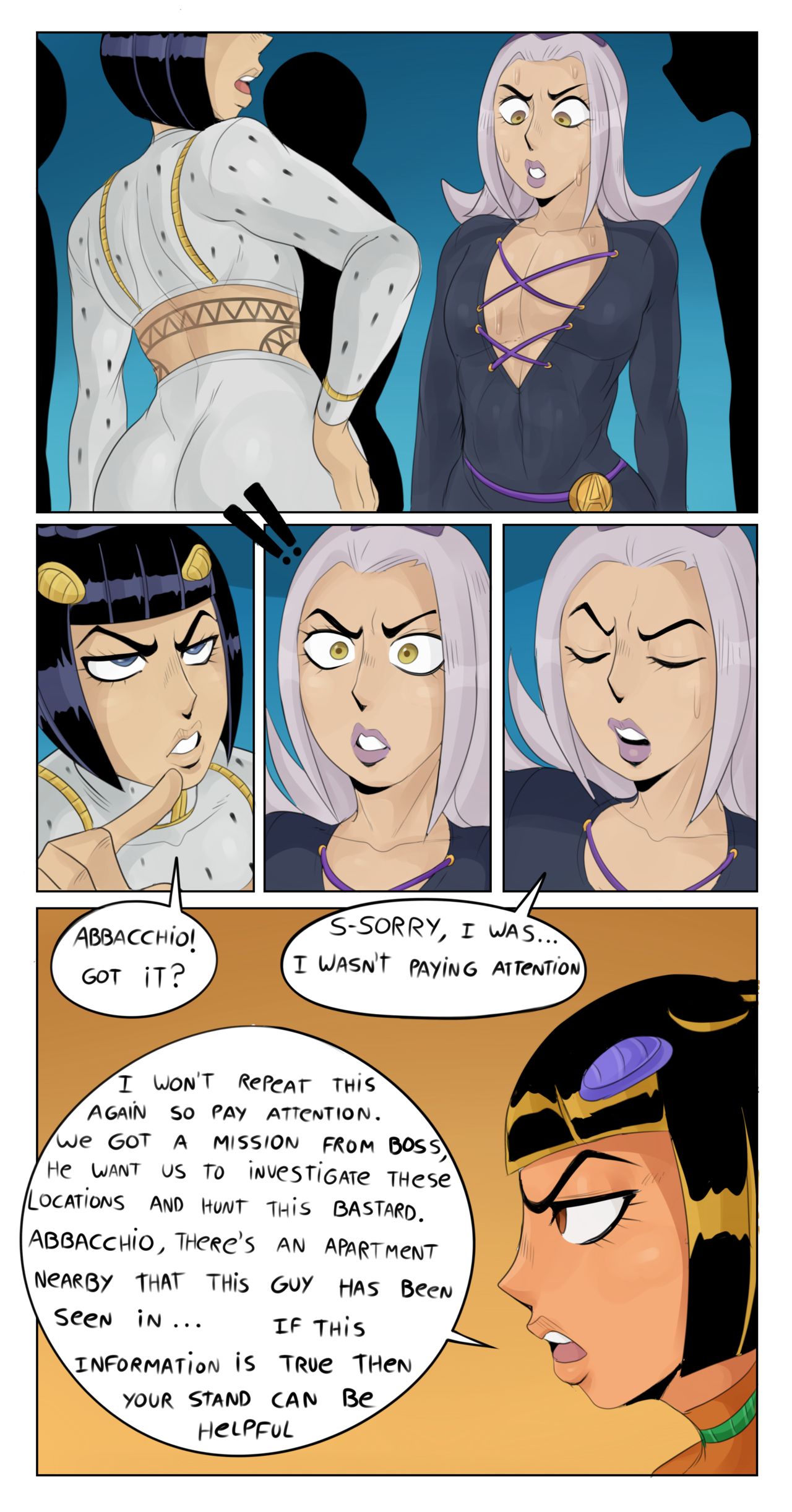 2boys, ass, back view, big ass, big butt, black hair, blue eyes, bodysuit, bruno buccellati, clothed, clothing, comic, detnox, dialogue, embarrassed, eye contact, eyelashes, femboy, gay, girly, hand on hip, jojo's bizarre adventure, leone abbacchio, lipstick, long hair, male, male only, partially clothed, purple lipstick, short hair, simple background, standing, sweat, tagme, thick thighs, vento aureo, white hair, wide hips, yaoi, yellow eyes