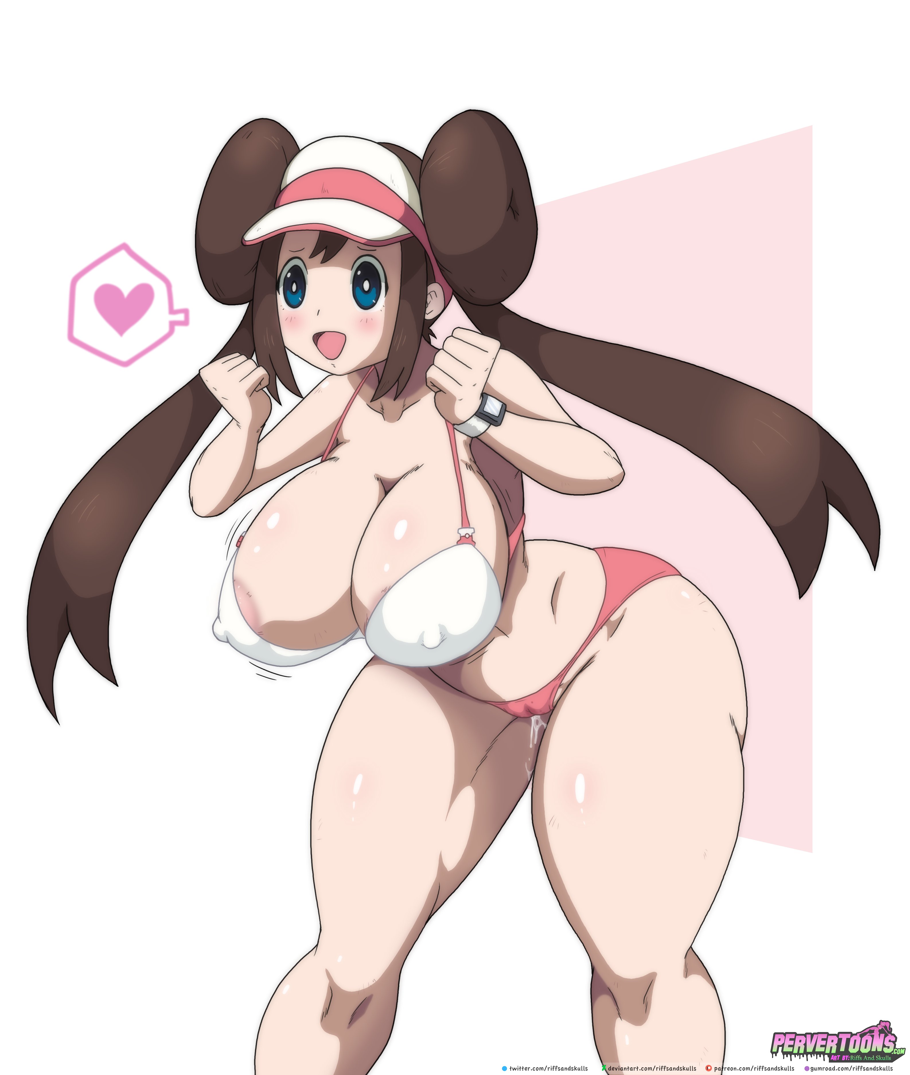alternate costume, big breasts, blush, breasts, cameltoe, female, female protagonist, nipple bulge, open mouth, pervertoons, pokemon, pokemon bw2, pussy, pussy juice, riffsandskulls, rosa (pokemon), smiling, thick thighs