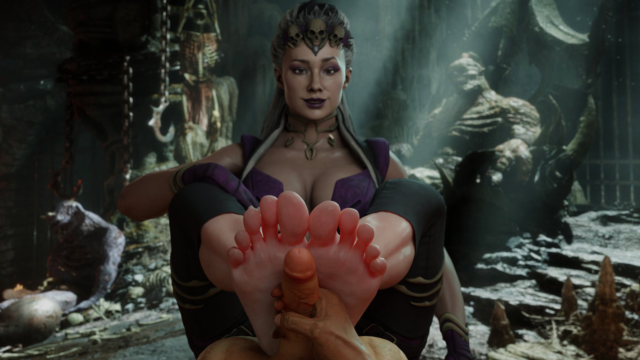 1boy, 1girls, 3d, 3d (artwork), balls, blender, blender (software), edenian, feet, feet on balls, feet together, feet up, female, foot fetish, foot focus, foot fuck, foot grab, footjob, holding feet, holding penis, human, light skin, light-skinned female, lower body, male, mortal kombat, mortal kombat 11, netherrealm studios, pale skin, pale-skinned female, partial male, penis, pov feet, propor (artist), sindel, sole sliding footjob, soles, straight, toes, upper body, voluptuous, white hair