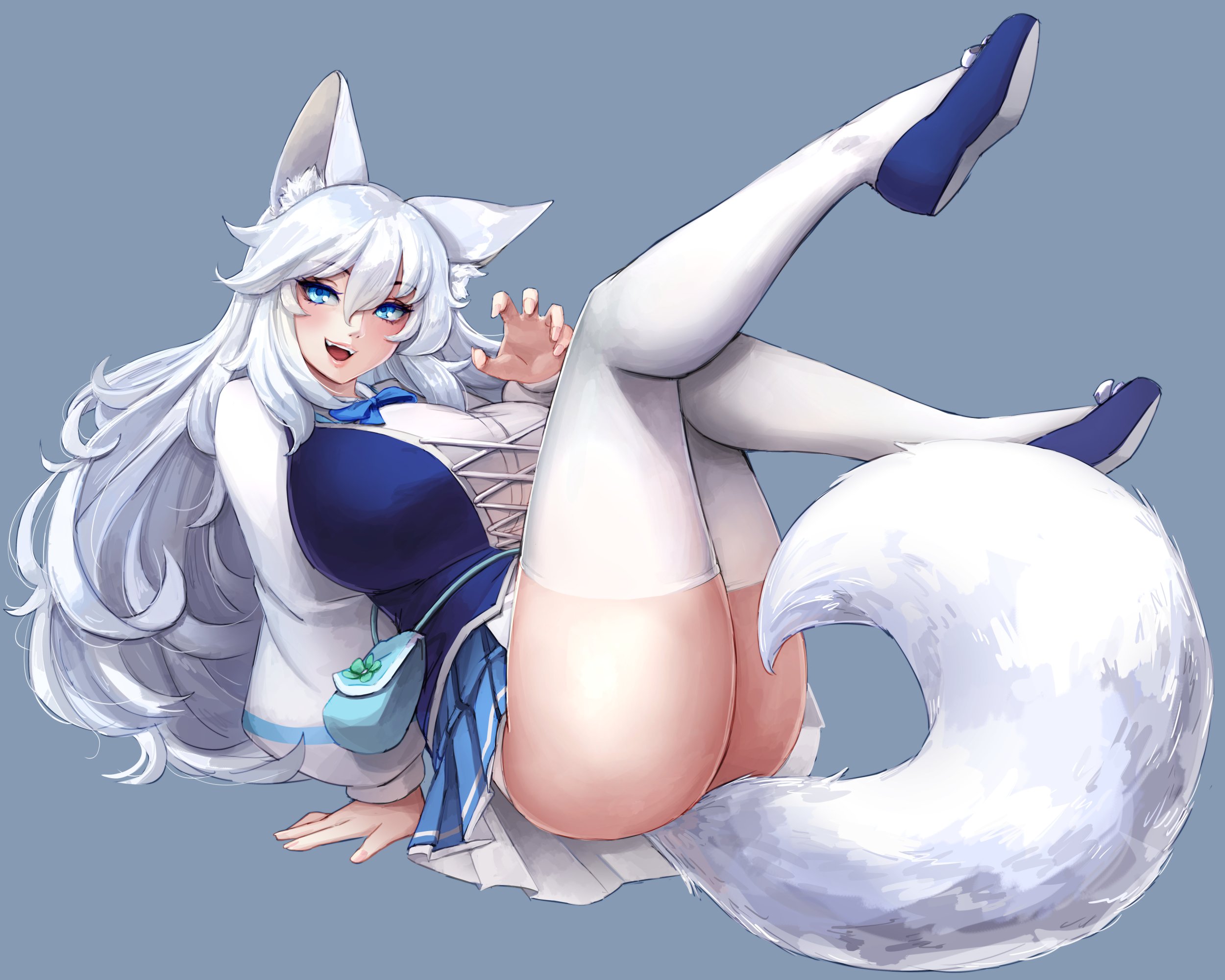 1girls, ass, big ass, big breasts, blue eyes, breasts, female, female focus, female only, huge breasts, indie virtual youtuber, junkpuyo, lumi (merryweather), tail, thighhighs, thighs, virtual youtuber, white fur, white hair, white tail, wolf ears, wolf girl, wolf tail, youtube, youtuber