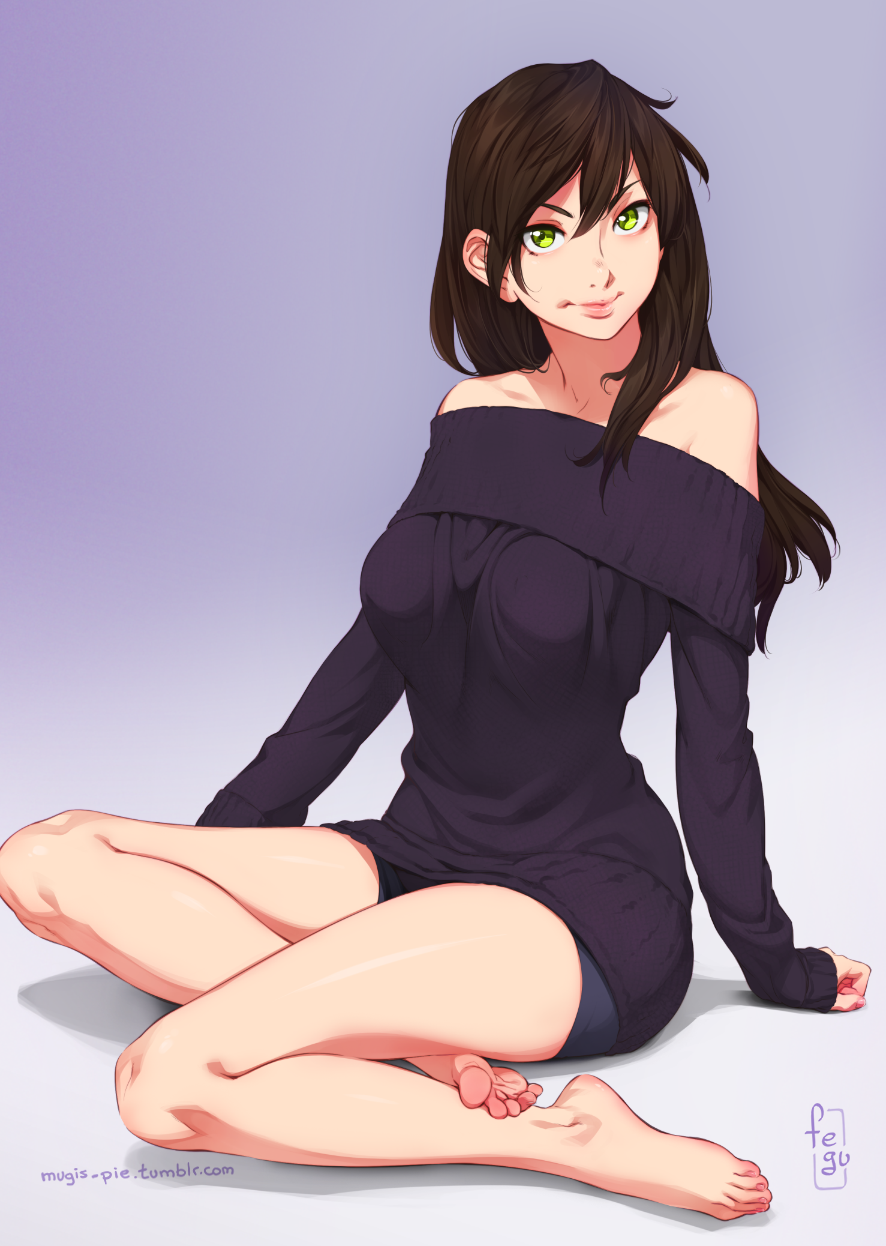 1girls artist_signature bare_legs bare_shoulders barefoot brown_hair character_request feguimel female female_only gradient_background green_eyes large_breasts long_sleeves sitting tumblr_username