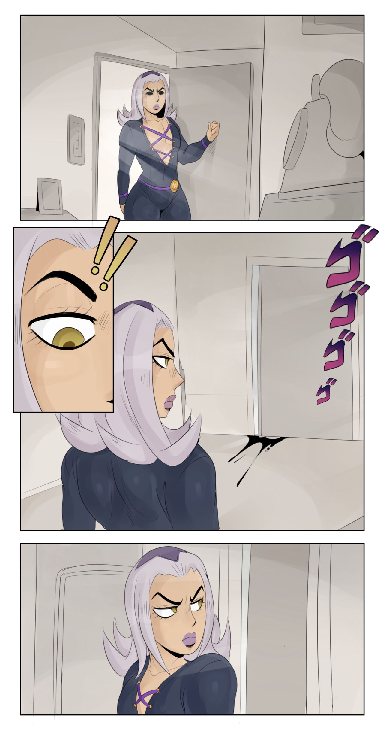 1boy, ass, big ass, big butt, bodysuit, clothed, clothing, comic, detnox, eyelashes, femboy, gay, girly, jojo's bizarre adventure, leone abbacchio, lipstick, male, male only, partially clothed, purple lipstick, simple background, solo, tagme, thick thighs, vento aureo, white hair, wide hips, yellow eyes