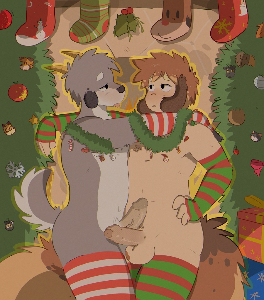 2021 anthro balls beez blush canid canine canis christmas domestic_cat domestic_dog duo erection felid feline felis foreskin genitals holidays horn humanoid_genitalia humanoid_penis male male/male mammal mostly_nude penis tongue tongue_out