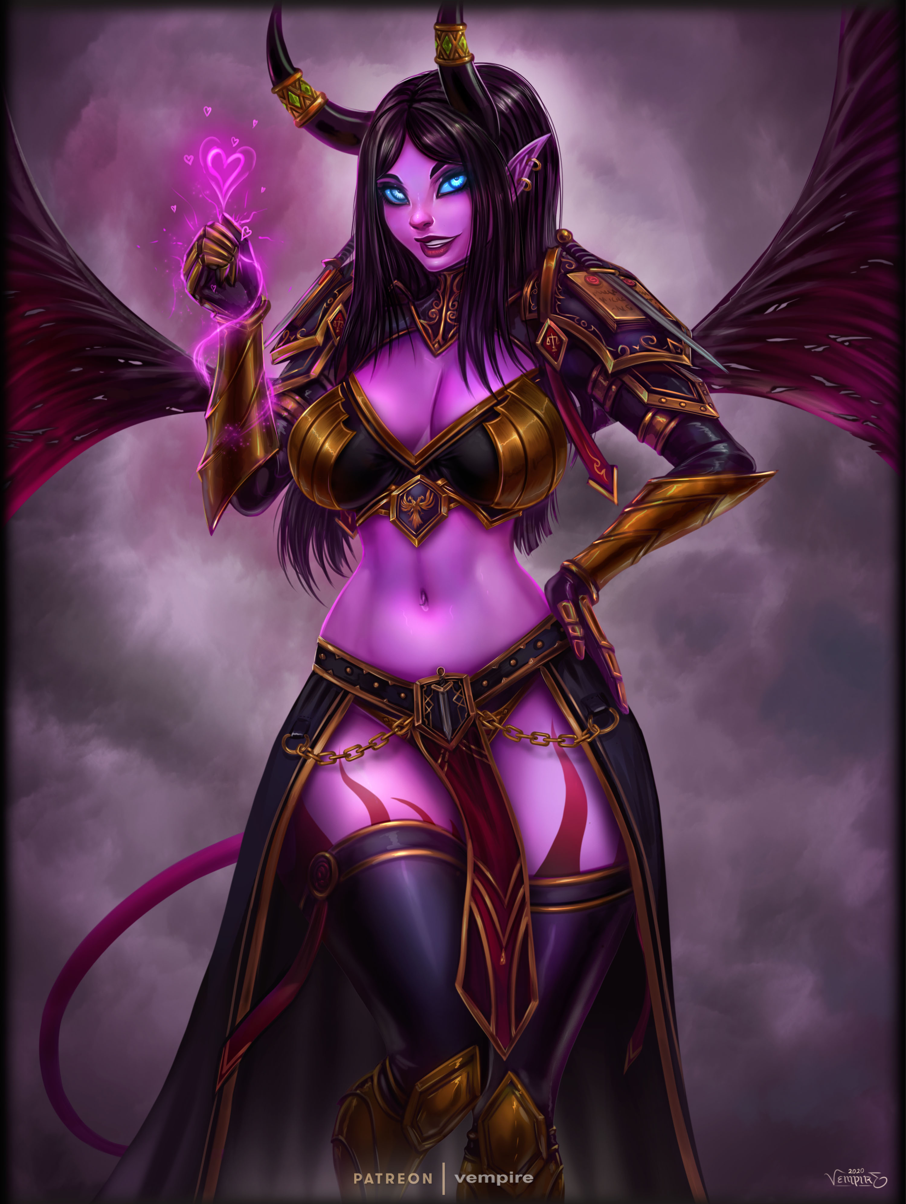 black hair, blue eyes, cosplay, demon, female, succubus, vale (warcraft), vempire, warcraft, wings, world of warcraft