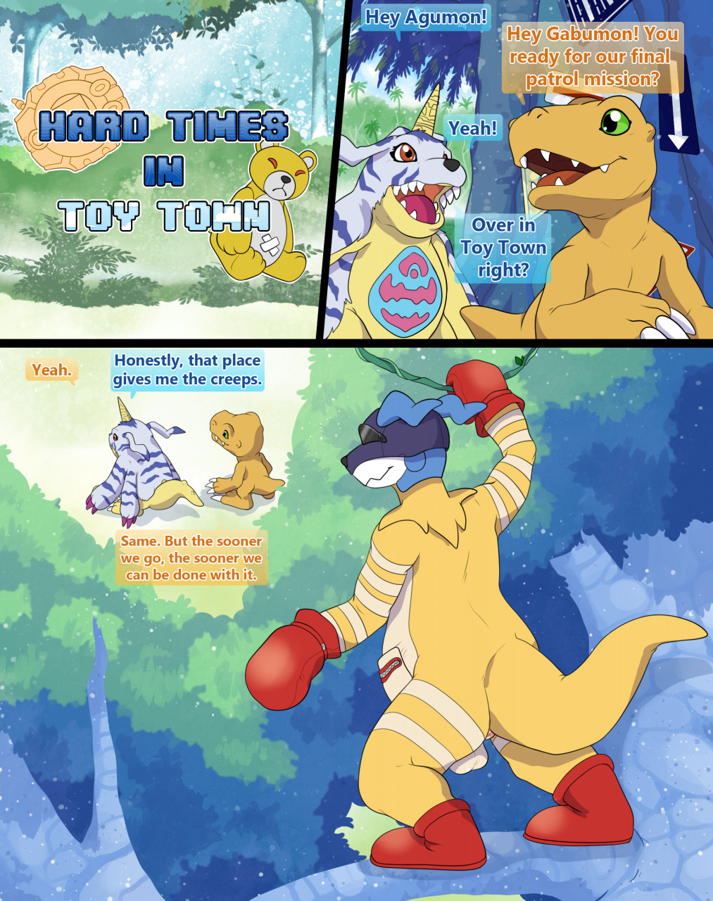 2021 agumon animal_skin anthro balls being_watched boots boxing_gloves clothing comic dialogue digimon digimon_(species) digivice dinosaur duo english_text footwear forest fur gabumon genitals green_eyes handwear hi_res horn in_tree kangaroo kangarumon looking_at_another macropod male mammal marsupial monzaemon outside plant plushie pouch_(anatomy) red_eyes reptile scales scalie shadowpelt sign striped_body striped_fur stripes text tree vines visor yellow_body yellow_scales