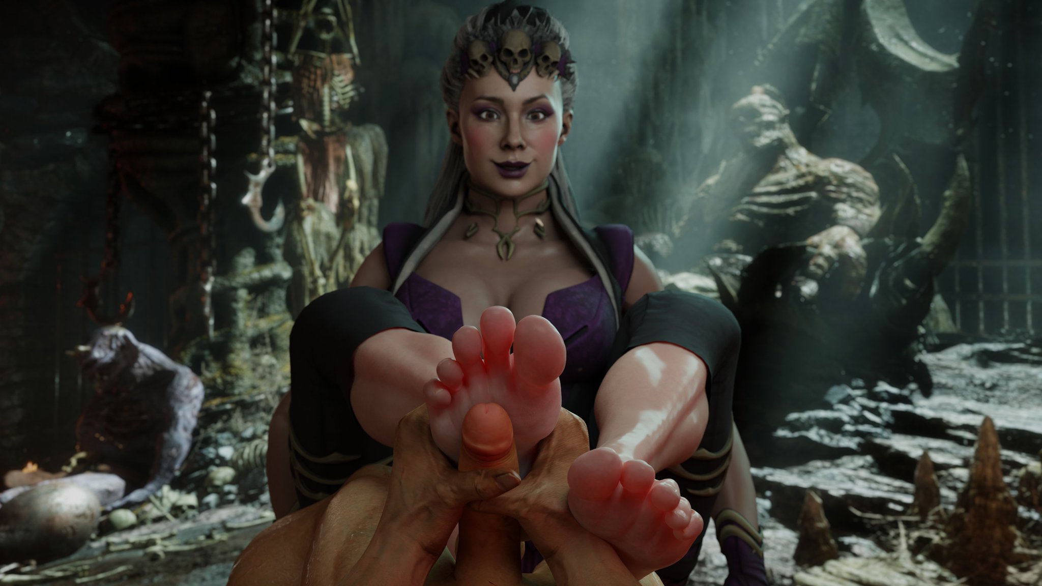 1boy, 1girls, 3d, 3d (artwork), balls, blender, blender (software), edenian, feet, feet on balls, feet together, feet up, female, foot fetish, foot focus, foot fuck, foot grab, footjob, holding feet, holding penis, human, light skin, light-skinned female, lower body, male, mortal kombat, mortal kombat 11, netherrealm studios, pale skin, pale-skinned female, partial male, penis, pov feet, propor (artist), sindel, sole sliding footjob, soles, straight, toes, upper body, voluptuous, white hair