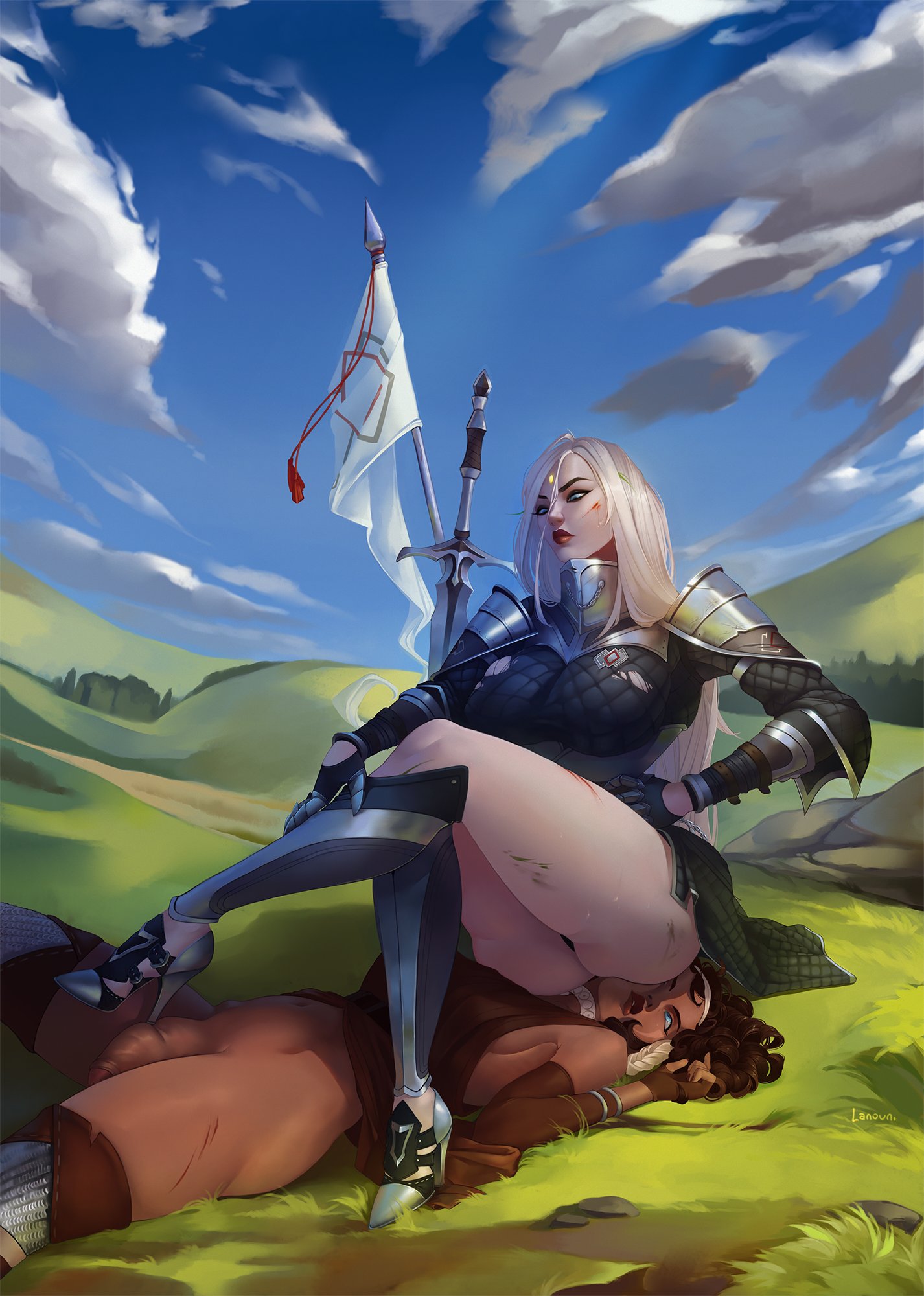 1futa, 1girls, angelise reiter, armor, black hair, blue eyes, dark skin, dark-skinned futa, female, femdom, final fantasy, final fantasy xiv, futanari, high heel boots, high heels, intersex, lanoun, light skin, light-skinned female, nature, outdoors, pale skin, pale-skinned female, sitting on person, stiletto heels, sword, tagme, torn clothes, very high heels, white hair