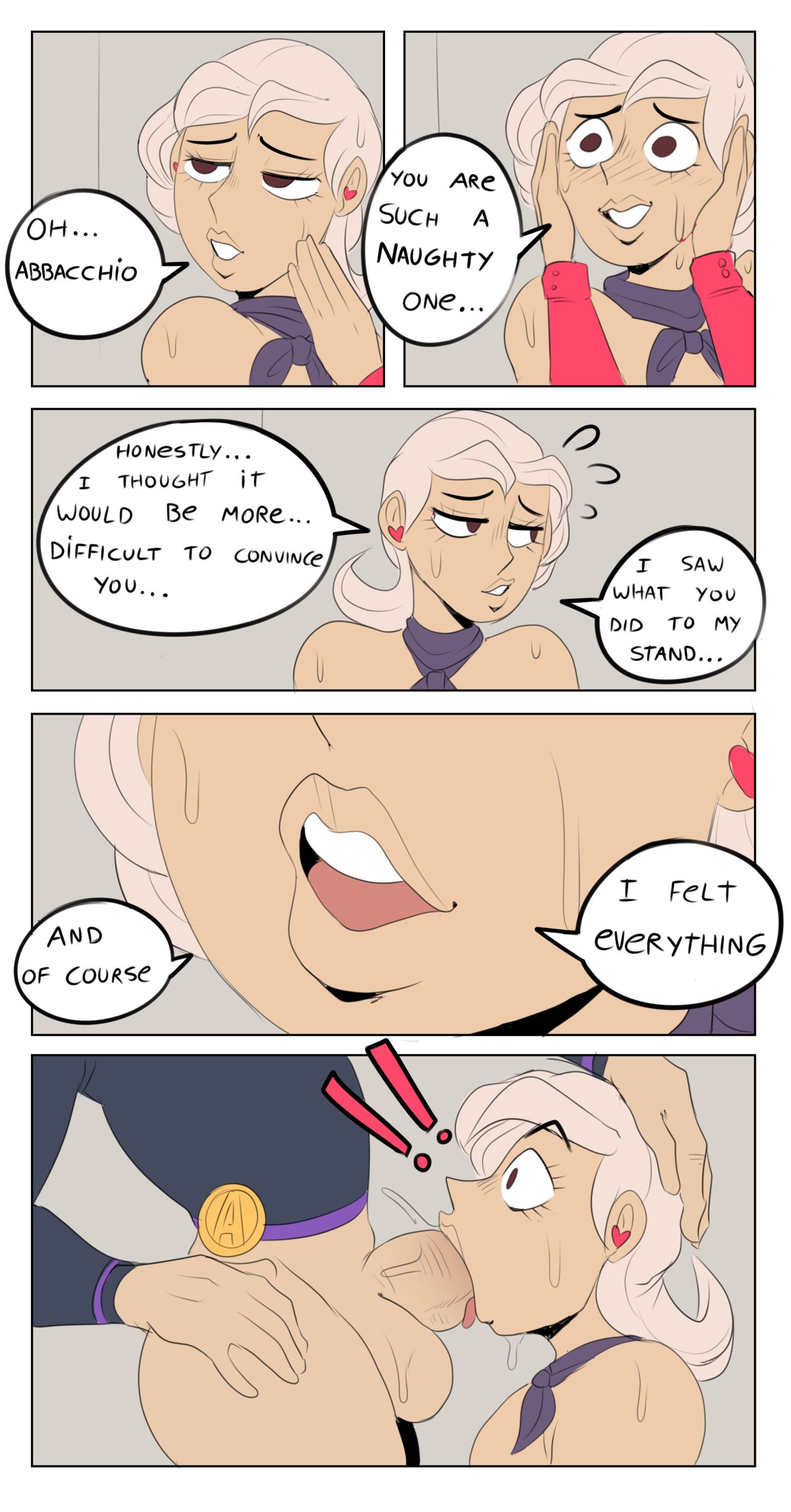 2boys, after anal, after fellatio, after orgasm, after sex, aged up, ambush (trap), ass, bare shoulders, big ass, big butt, big penis, bodysuit, brown eyes, clothed, clothing, comic, detnox, dialogue, embarrassed, eyelashes, fellatio, femboy, forced oral, forced yaoi, gay, girly, hand on head, hand on hip, jojo's bizarre adventure, leone abbacchio, long hair, male, male only, medium hair, navel, oc, on floor, oral, oral sex, partially clothed, penis, penis lick, penis out, recording, seductive, seductive look, seductive smile, simple background, speech bubble, standing, standing sex, sweat, thick thighs, undressing, vein, veiny penis, vento aureo, watching, white hair, wide hips, yaoi, yellow eyes