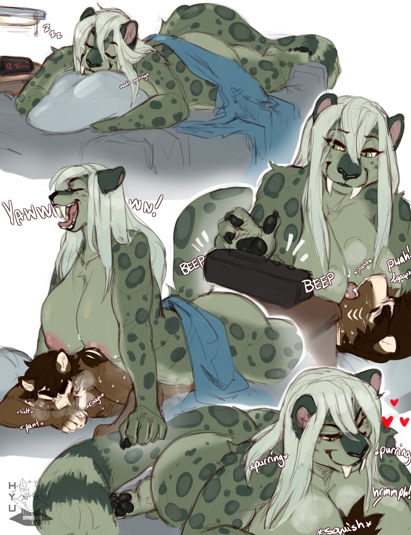 1boy, 1girls, anthro, big breasts, breasts, canine, cleavage, duo, feline, female, furry, green eyes, green fur, huge breasts, hyu (hyucaze), hyucaze, large breasts, larger female, long hair, male, musk, nipples, nude, onomatopoeia, saber-toothed cat, simple background, sleeping, smaller male, sound effects, waking up, wholesome