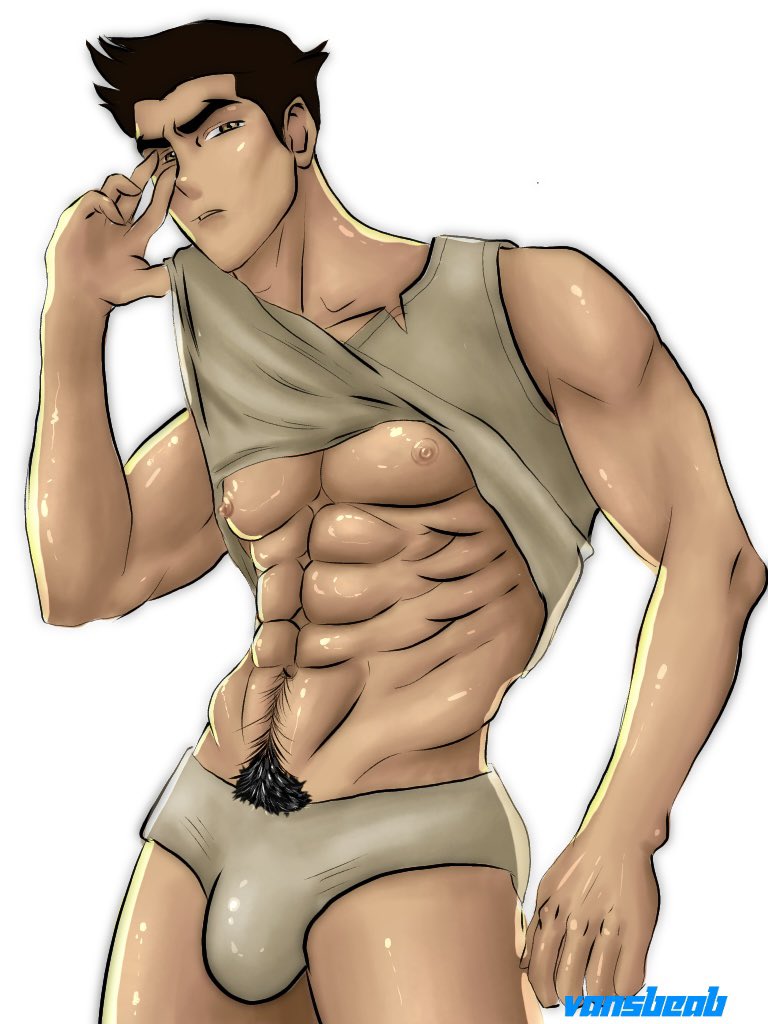 1boy abs amber_eyes artist_name avatar_legends bara big_muscles briefs brown_hair bulge clothing hair human human_only mako male male_chest male_focus male_nipples male_only muscle muscles muscular muscular_male pants_removed pecs pubic_hair shirt shirt_lift shirt_up simple_background six_pack smooth_skin solo solo_focus solo_male tank_top the_legend_of_korra topwear underwear vansbeab white_background