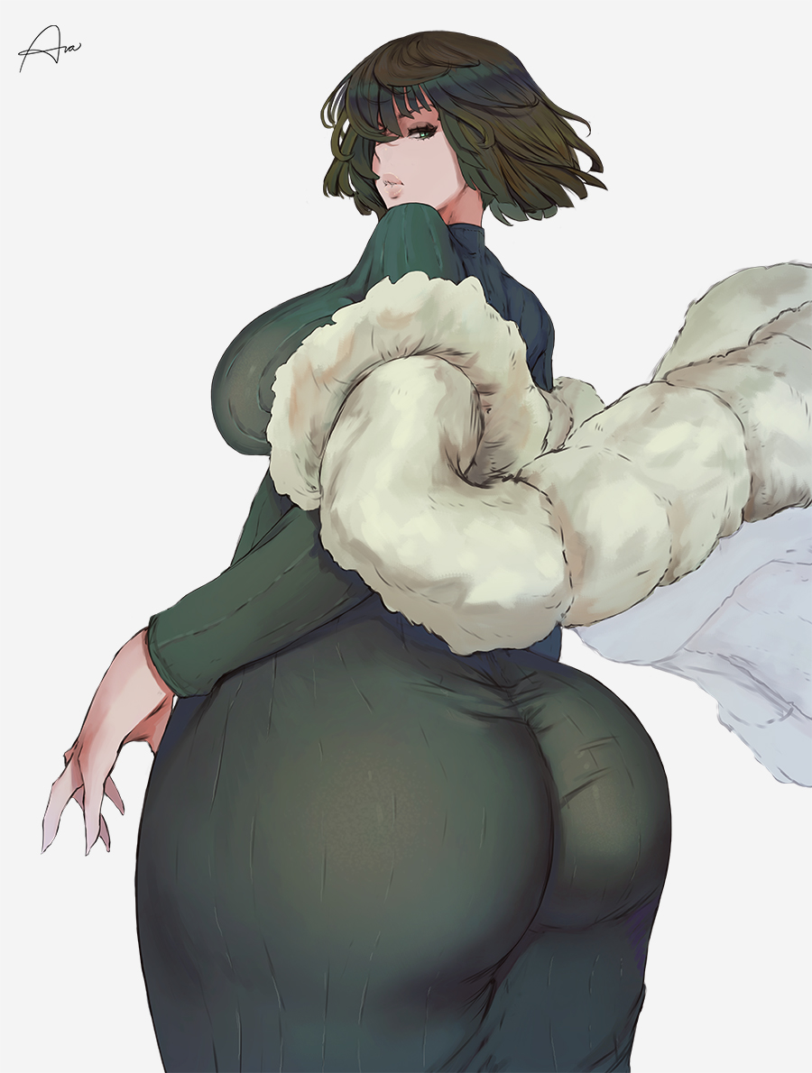 1girls, araneesama, ass, ass in dress, big ass, big breasts, big butt, breasts, bubble ass, bubble butt, coat, curvaceous, curvy, cutesexyrobutts (style), dress, fat ass, female, female only, fubuki (one-punch man), fur coat, green hair, green-haired female, large ass, large breasts, looking at viewer, looking back, one-punch man, short hair, solo, solo female, thick, thick ass, tight clothing, tight dress, voluptuous, wide hips