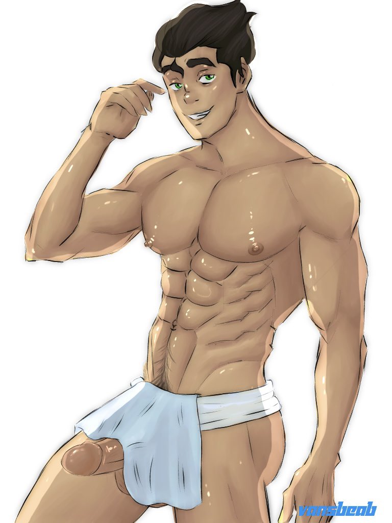 1boy avatar_the_last_airbender bara big_muscles big_penis black_hair bolin clothing male_only muscles muscular pubic_hair smooth_skin solo solo_male the_legend_of_korra vansbeab