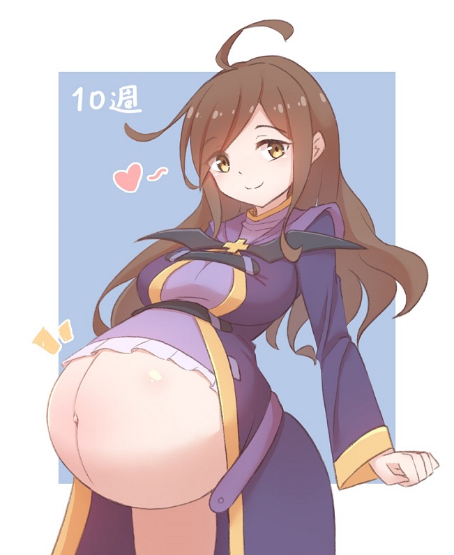 1111122 1girls brown_eyes brown_hair dadouko female female_only huge_belly kono_subarashii_sekai_ni_shukufuku_wo! looking_at_viewer pregnant ready_to_pop wiz_(konosuba)