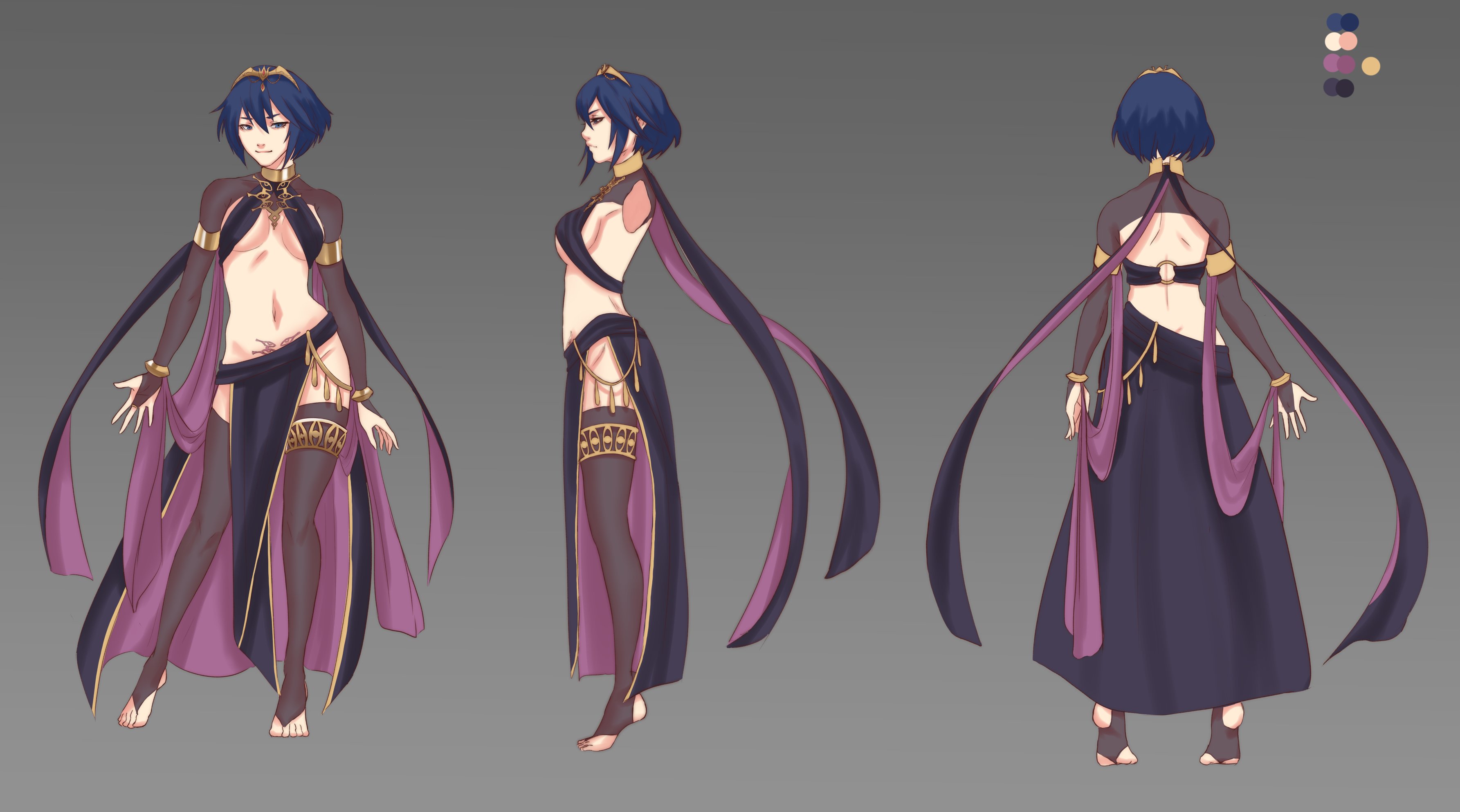 1girls, alternate costume, alternate hairstyle, alternate version available, arm bands, bare back, bare midriff, bare thighs, barefoot, blue eyes, blue hair, bodystocking, bracelet, brand of the defile, breasts, bridal gauntlets, corruption, exposed belly, eyes of grima, female, fire emblem, fire emblem awakening, gold jewelry, harem outfit, looking at viewer, lucina (fire emblem), medium breasts, nintendo, no bra, no panties, pomelomelon, pubic tattoo, scarf, short hair, sideboob, smile, solo, solo female, stirrup socks, thighhighs, tiara, underboob