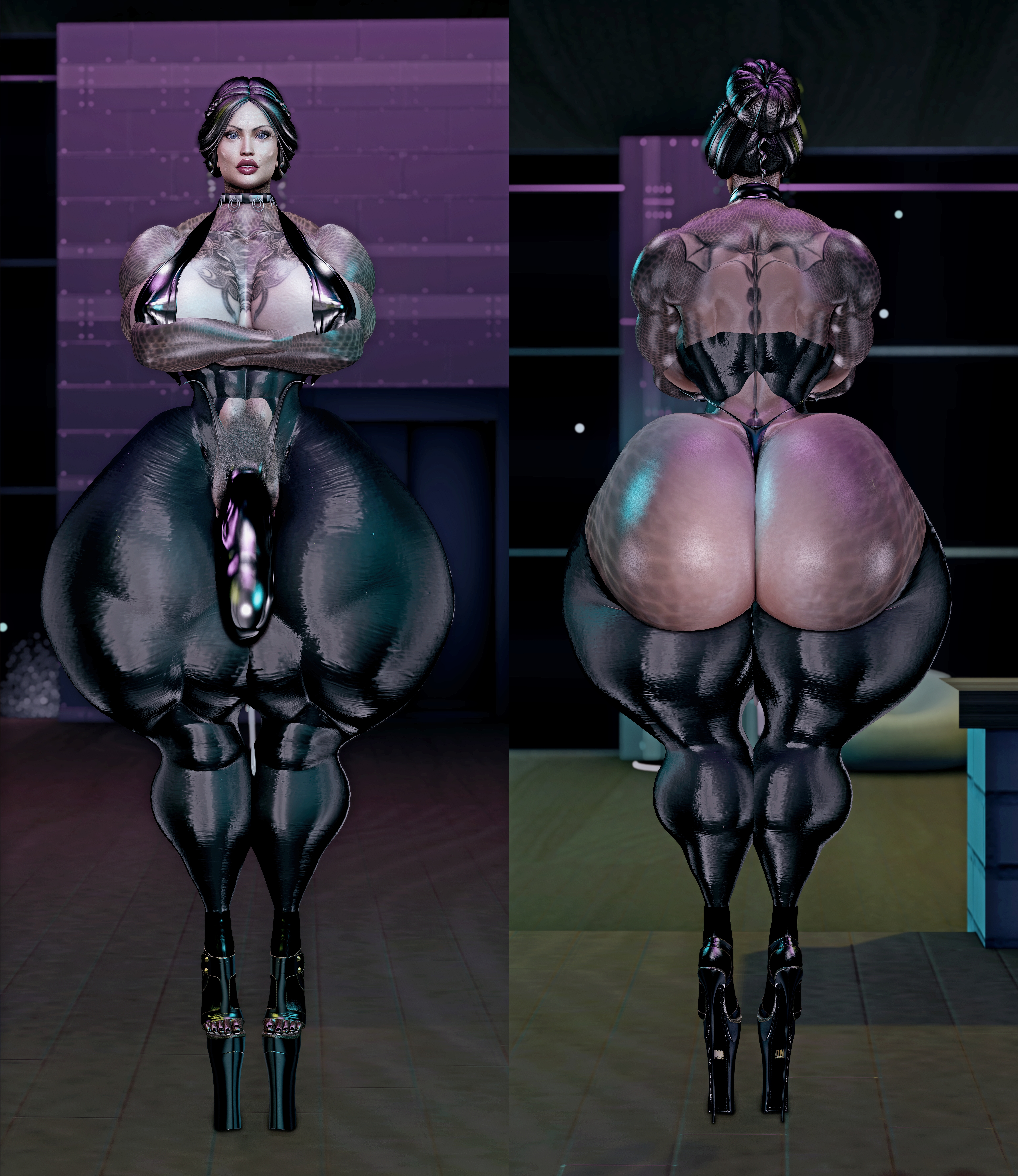 absurd res, ass, breasts, female, full body tattoo, futa only, futanari, high heels, huge ass, intersex, large breasts, large penis, lipstick, mature female, muscular, muscular female, muscular futa, penis, pubic hair, second life, shiny clothes, slender waist, sling bikini, thesusman, thick thighs, wide hips