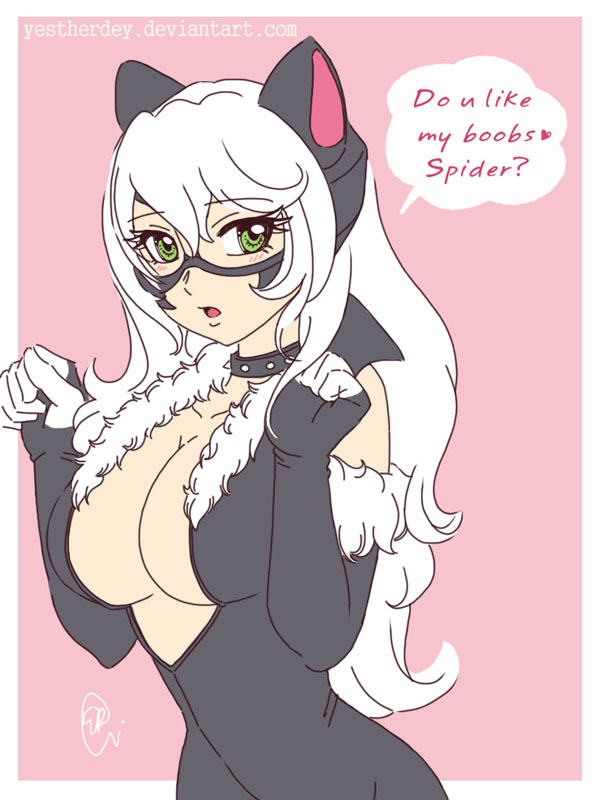 1girls, big breasts, black cat (marvel), breasts, cat ears, cleavage, deviantart username, felicia hardy, female, green eyes, marvel, marvel comics, speech bubble, spider-man (series), tight clothing, white hair, yestherdey