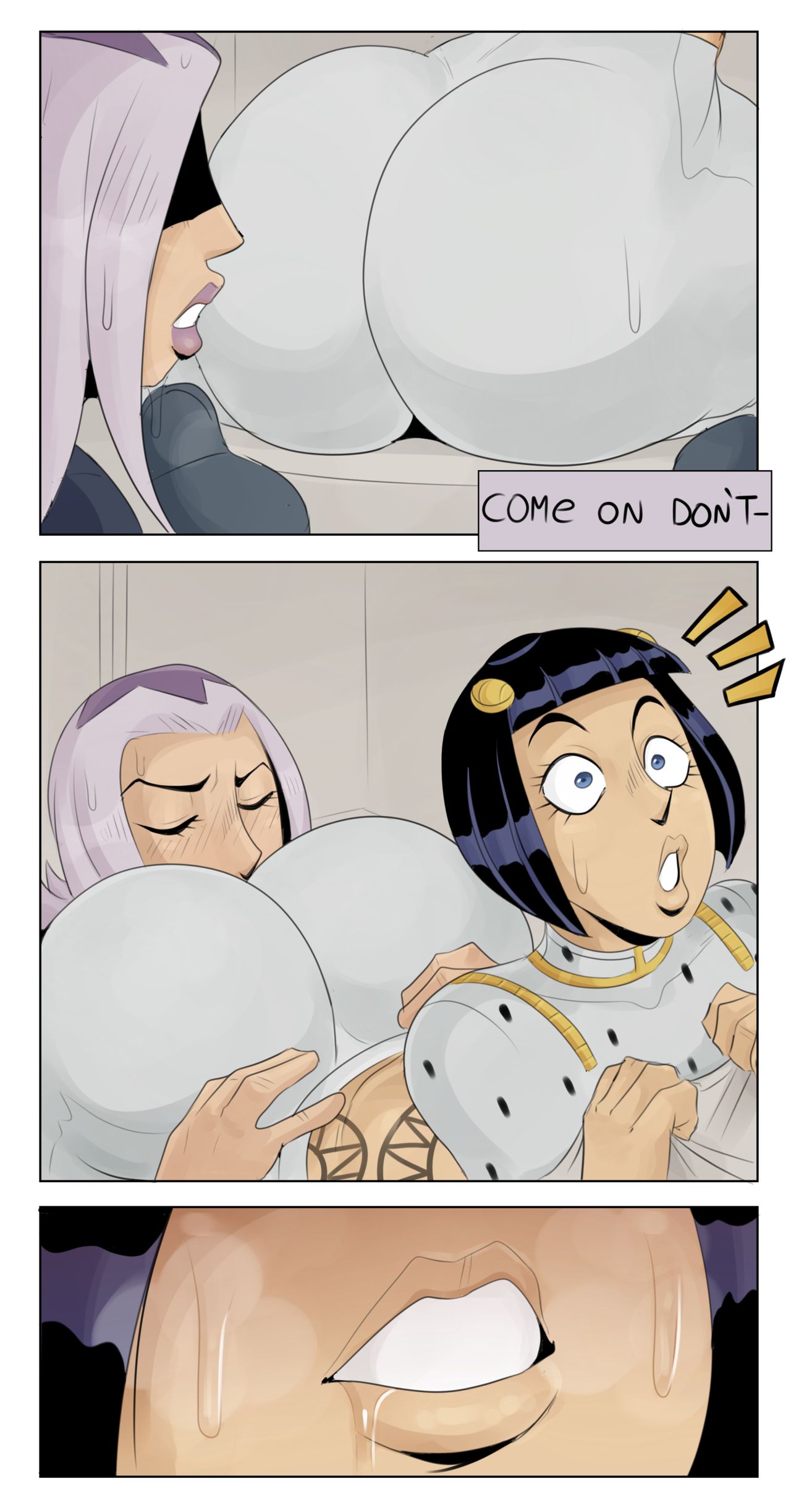 2boys, ass, ass grab, big ass, big butt, black hair, blue eyes, bodysuit, bruno buccellati, clothed, clothing, comic, detnox, dialogue, eyelashes, face in ass, femboy, gay, girly, heavy breathing, jojo's bizarre adventure, leone abbacchio, licking, lipstick, long hair, looking pleasured, male, male only, medium hair, naughty face, partially clothed, pleasure face, purple hair, purple lipstick, rimjob, rimming, saliva, simple background, surprised, sweat, tagme, thick thighs, undressing, vento aureo, white hair, wide hips, yaoi