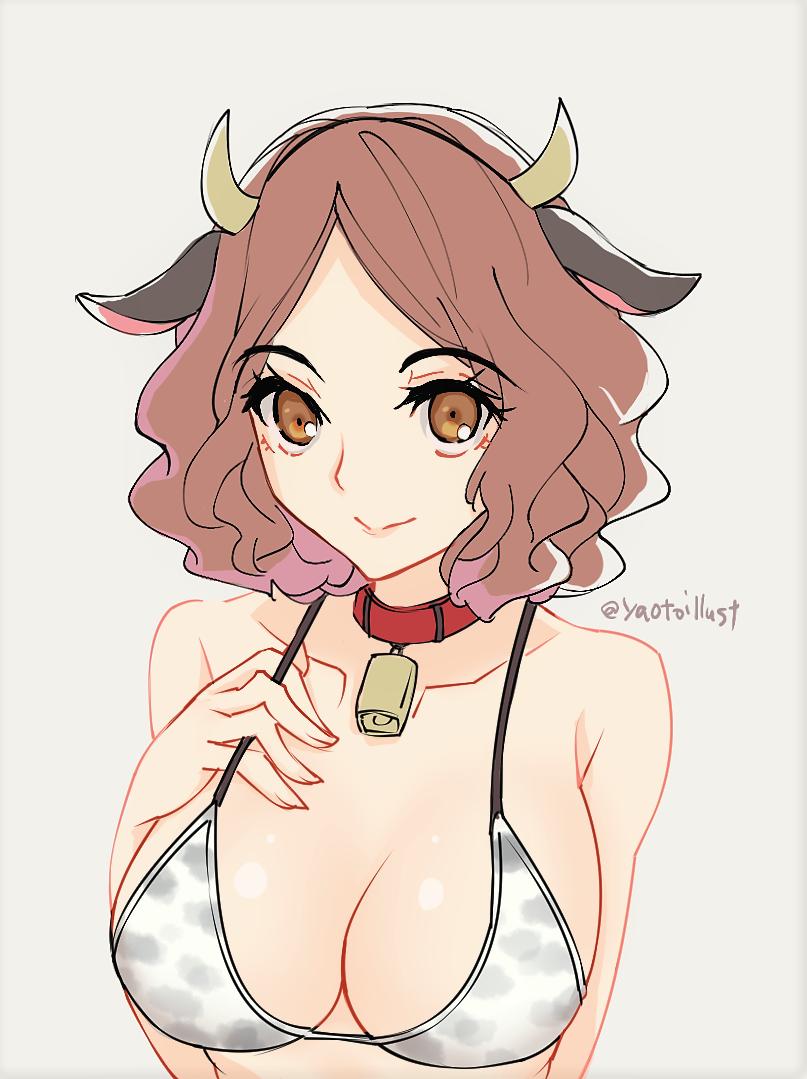 1girls, 2d, atlus, big breasts, breasts, brown hair, brown hair female, cleavage, cow bikini, cow girl, cow print, female, haru okumura, human, human female, light skin, light skinned female, light-skinned female, looking at viewer, persona, persona 5, sega, solo, upper body, white background, yaoto