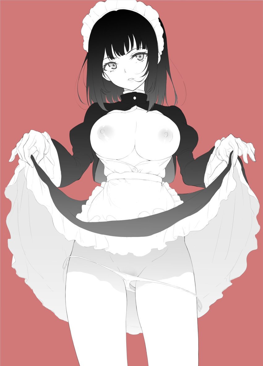 1girls apron ass_visible_through_thighs black_hair breasts breasts_out female gloves groin highres kyokucho maid maid_apron maid_headdress maid_kyouiku_botsuraku_kizoku_rurikawa_tsubaki_the_animation medium_breasts nipples no_bra original panties pink_background self_exposure short_hair side-tie_panties solo thighs underwear white_gloves white_panties