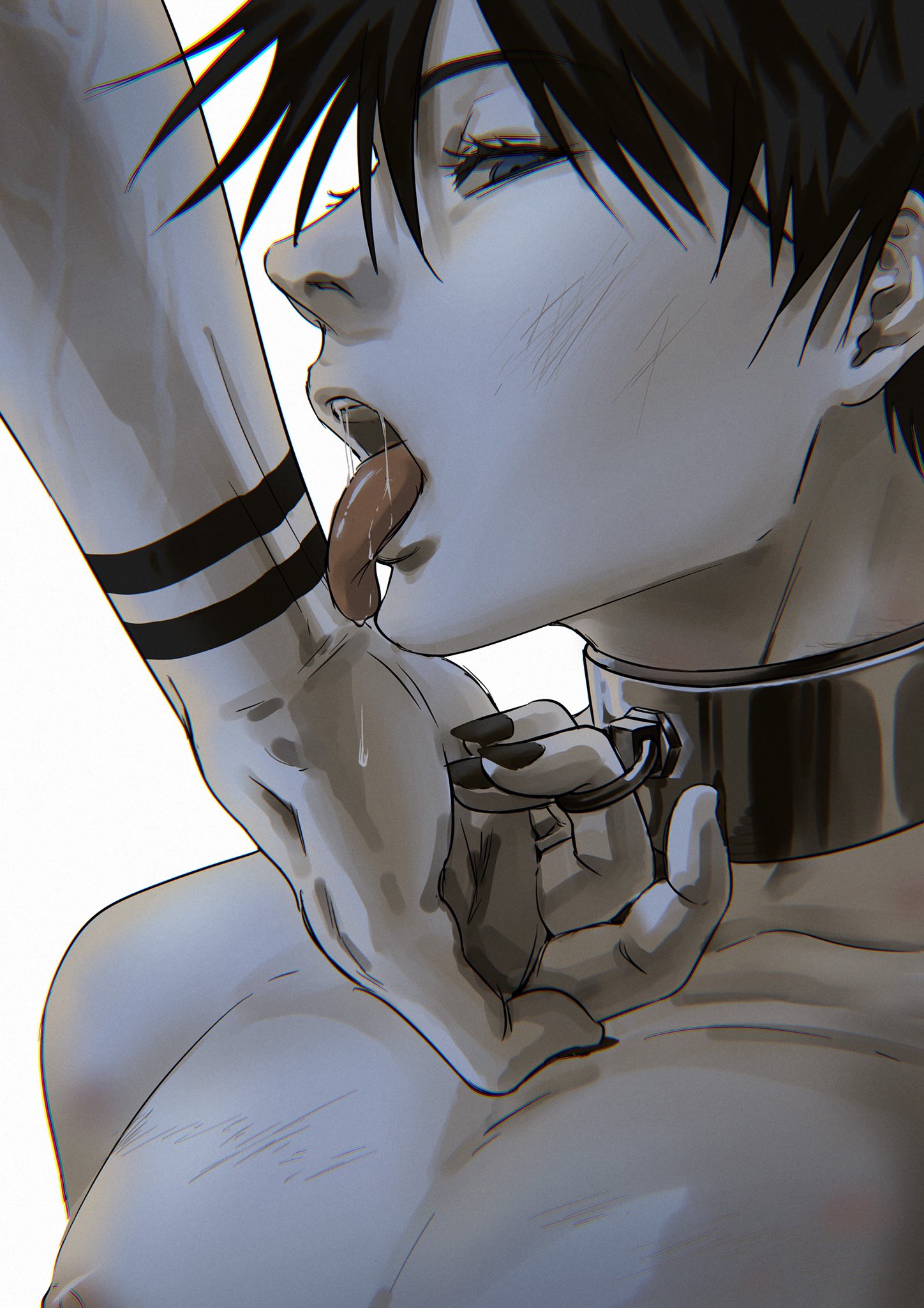 2boys, black hair, black nail polish, black nails, blue eyes, choker, collar, collar pull, fushiguro megumi, gay, jujutsu kaisen, licking, male, male only, male/male, nail polish, ryoumen sukuna (jujutsu kaisen), submissive, submissive male, tongue, tongue out, yaoi