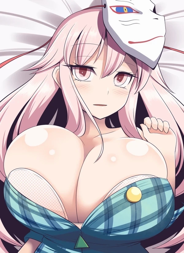 1girls big_breasts blush bra bra_slip breasts cleavage expressionless hata_no_kokoro huge_breasts large_breasts long_hair looking_at_viewer lying_down lying_on_back lying_on_bed pink_eyes pink_hair solo solo_female solo_focus touhou xialu_zajin