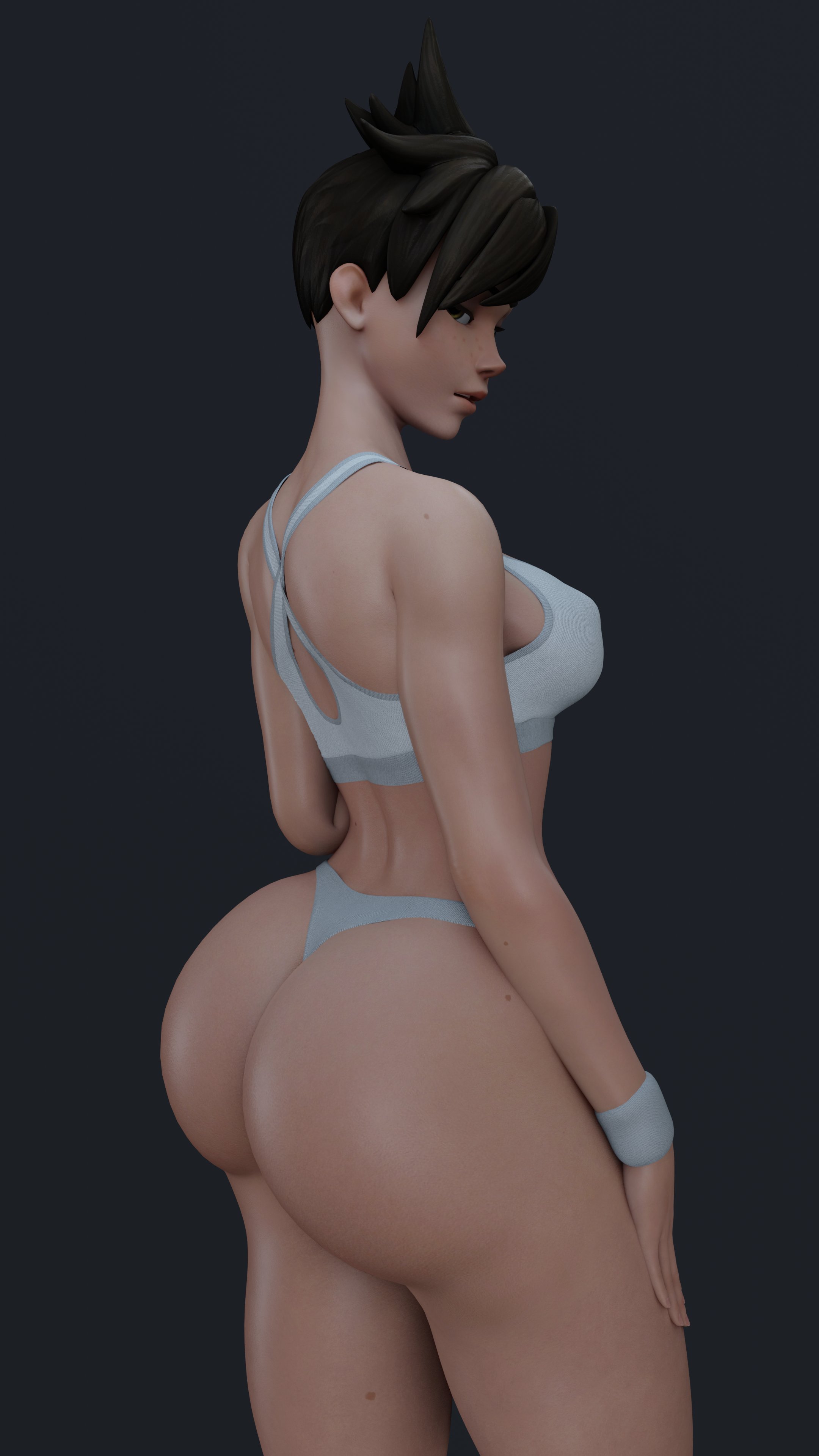 1girls, 3d, 4k, absurdres, ass, black background, blender, blizzard entertainment, bra, breasts, cpt-flapjack, fat ass, female, female only, gym clothes, highres, huge ass, large ass, overwatch, panties, short hair, sideboob, solo, solo female, thong, tracer, underwear
