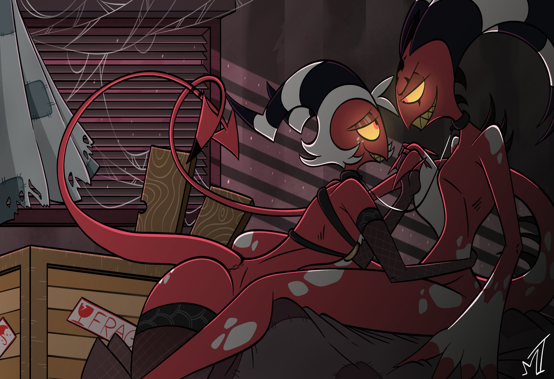 2boys, blitzo (helluva boss), bloxxie, curved horn, demon, helluva boss, horn, imp, inside, male, moxxie (helluva boss), mrt0ony, red body, red skin, sharp teeth, tagme, teeth, vivienne medrano, yaoi, yellow sclera
