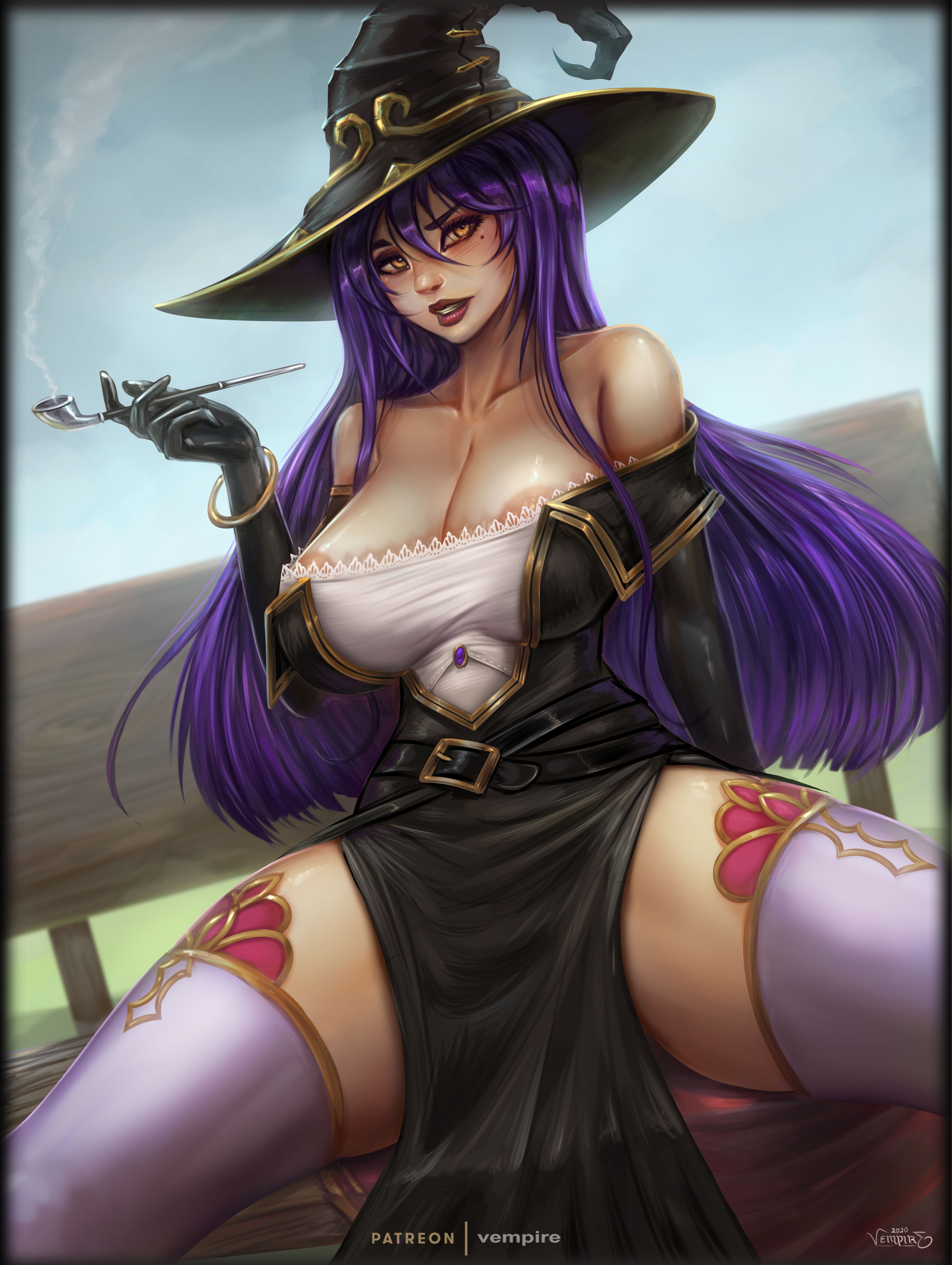 1girls, absurdres, breasts, cleavage, female, female only, goblin slayer, highres, huge breasts, purple hair, spread legs, thighhighs, vempire, witch (goblin slayer), yellow eyes