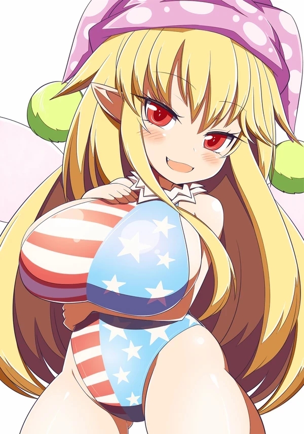 1girls american_flag blonde_hair blush breasts clownpiece huge_breasts jester_cap large_breasts long_hair one-piece_swimsuit red_eyes sideboob solo swimsuit touhou xialu_zajin