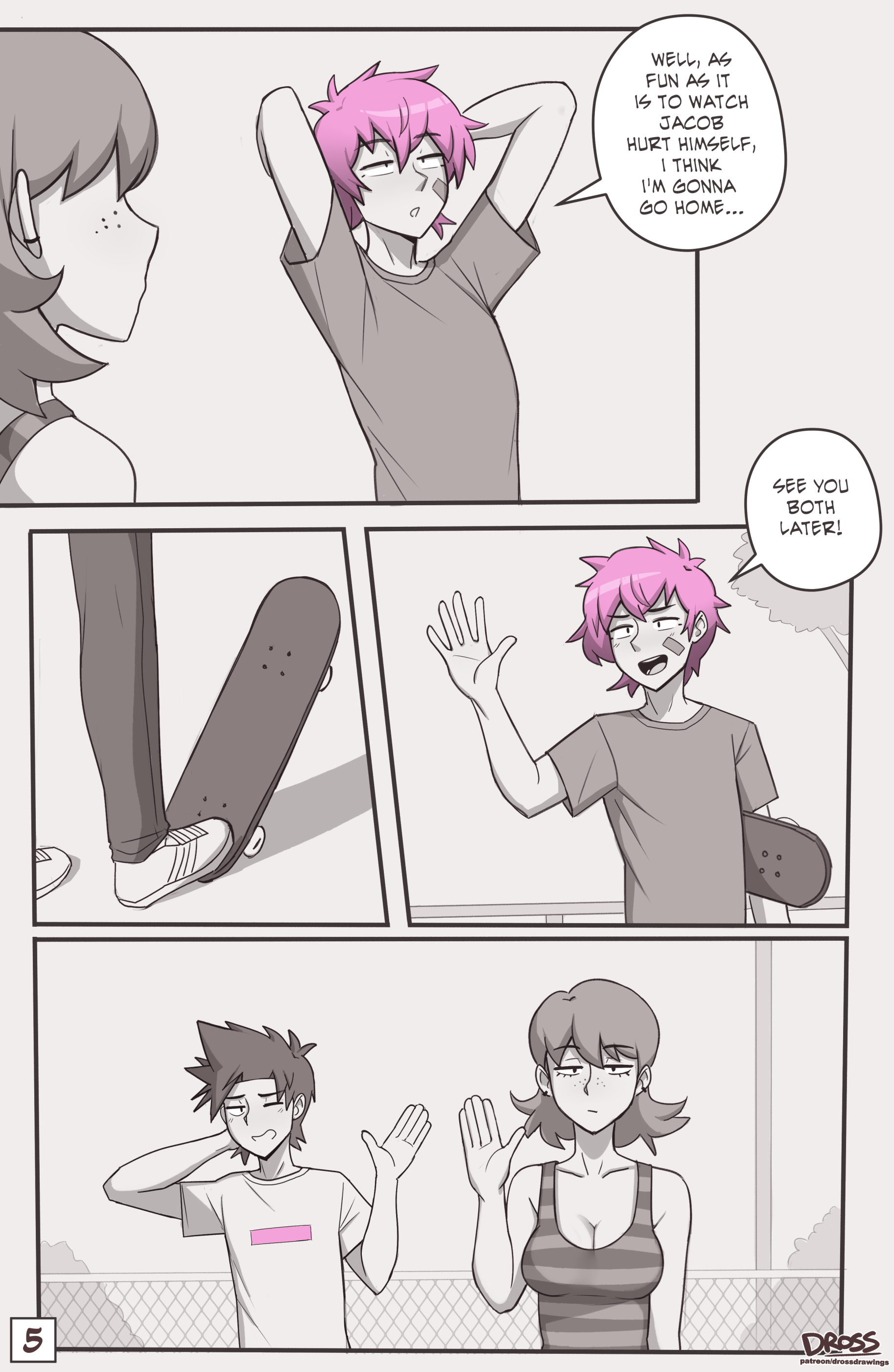 1girls, 2boys, bandaid, big breasts, black hair, breasts, clothed, clothing, comic, comic page, dialogue, dross, english text, female, freckles, grey body, grey shirt, jacob (dross), male, monochrome, page 5, page number, pink hair, roxanne (dross), skateboard, skater boi (dross), spiky hair, tagme, taylor (dross), text, twink, yaoi