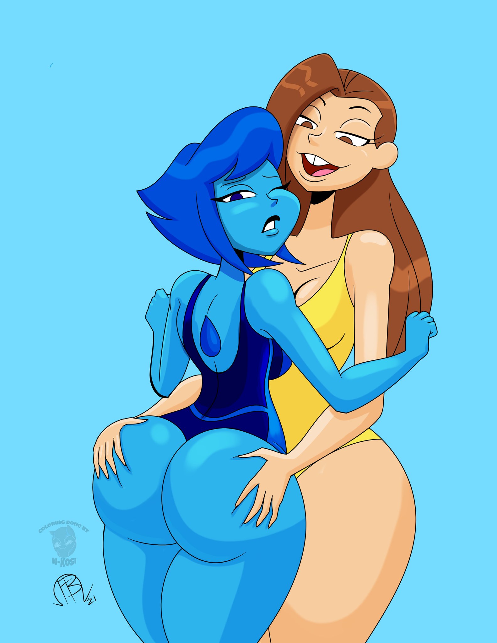 2girls, aged up, ass, back, big ass, big butt, blue background, blue eyes, blue hair, blue skin, bodysuit, bottom heavy, breasts, brown eyes, bubble ass, bubble butt, cartoon network, cleavage, crossover, curvy, duo, duo focus, fat ass, fat butt, female, female only, frostbiteboi, gem (species), hands on ass, hips, huge ass, huge butt, lapis lazuli (steven universe), large ass, large breasts, large butt, leotard, light skin, luan loud, multiple females, multiple girls, n-kosi (coloring), nickelodeon, older, one eye closed, plain background, steven universe, the loud house, thick, thick ass, thick thighs, thighs, voluptuous, wide hips, yuri