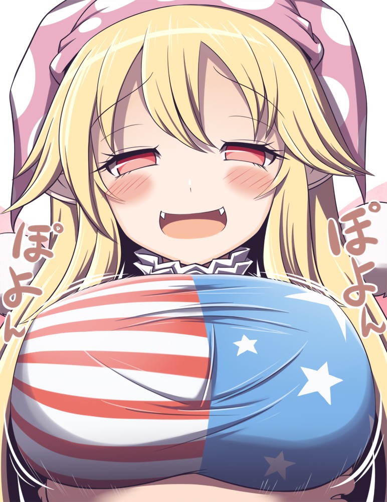 1girls american_flag american_flag_shirt big_breasts blonde_hair blush breast_hold breasts clownpiece dress fairy fangs fully_clothed huge_breasts large_breasts long_hair open_smile red_eyes smile solo solo_female solo_focus touhou xialu_zajin