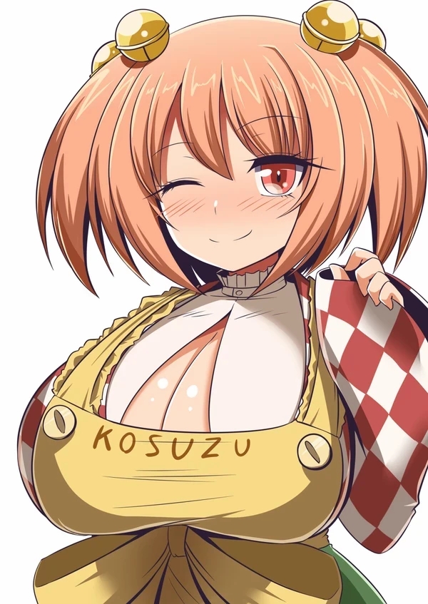 1girls blush breasts cleavage cleavage_cutout hair_bell huge_breasts kosuzu_motoori large_breasts one_eye_closed pink_eyes pink_hair smile solo touhou twintails wink xialu_zajin