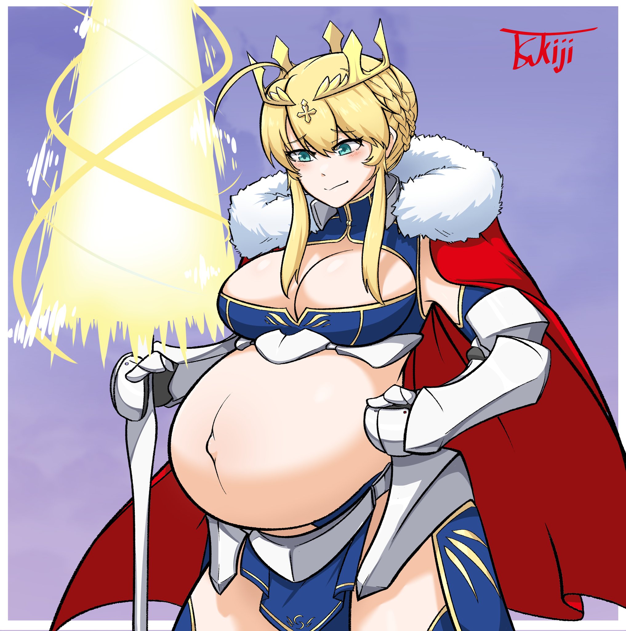 1girls, artoria pendragon, artoria pendragon (lancer), big breasts, breasts, cleavage, fate (series), fate/grand order, female, female only, huge belly, large breasts, pregnant, ready to pop, tsukiji