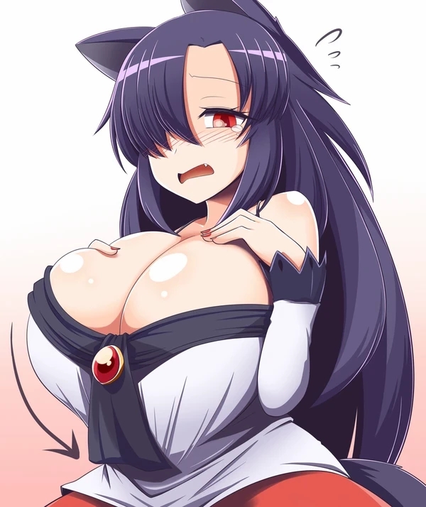 1girls black_hair blush breasts cleavage dress hair_over_one_eye huge_breasts kagerou_imaizumi large_breasts long_hair red_eyes solo tears touhou wolf_ears wolf_tail xialu_zajin