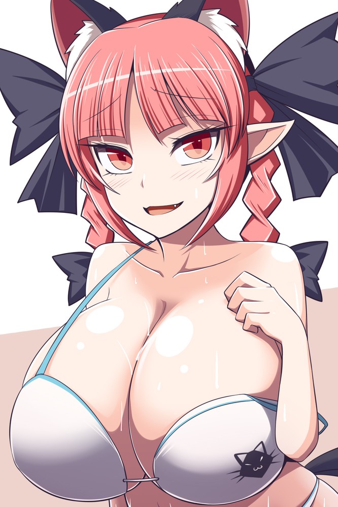 1girls big_breasts bra braid braided_hair braided_twintails breast cat_ears cleavage hair_ribbon huge_breasts large_breasts red_eyes red_hair rin_kaenbyou solo solo_female solo_focus sweat touhou white_bra xialu_zajin