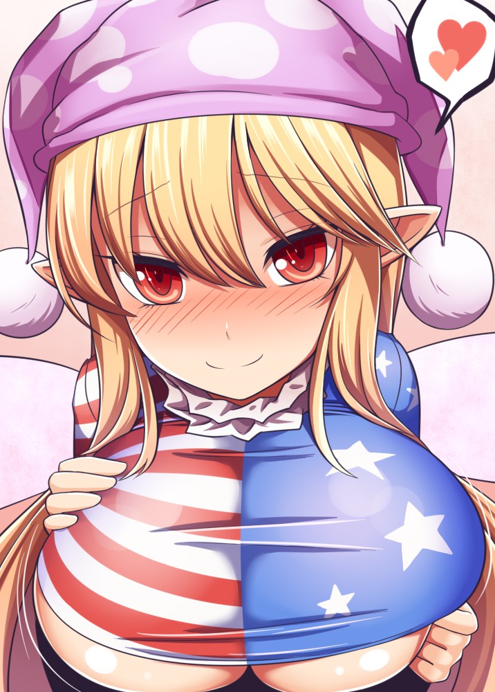 1girls american_flag american_flag_shirt big_breasts blonde_hair blush breasts clownpiece dress fairy fairy_wings huge_breasts large_breasts long_hair looking_at_viewer red_eyes solo solo_female touhou underboob wings xialu_zajin