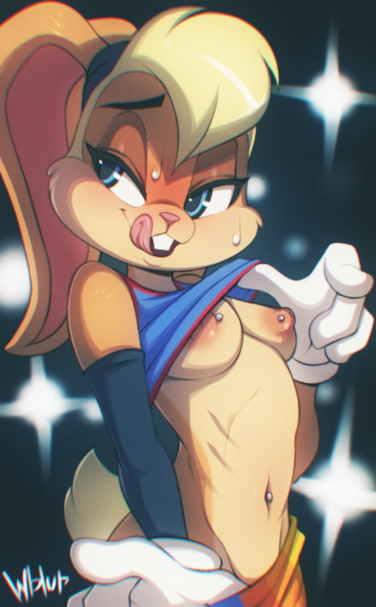 1girls, blonde fur, blonde hair, blue eyes, breasts, female, licking lips, lifting shirt, lola bunny, looking away, looney tunes, navel piercing, nipple piercing, nipples, piercing, presenting breasts, small breasts, solo, space jam: a new legacy, tongue, wildblur