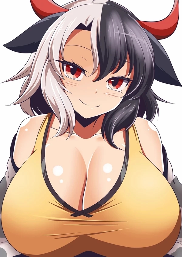 1girls, black hair, blush, breasts, cleavage, cow horns, female, haori, horns, huge breasts, large breasts, looking at viewer, off shoulder, red eyes, shirt, short hair, solo, touhou, two-tone hair, urumi ushizaki, white hair, xialu zajin, yellow shirt