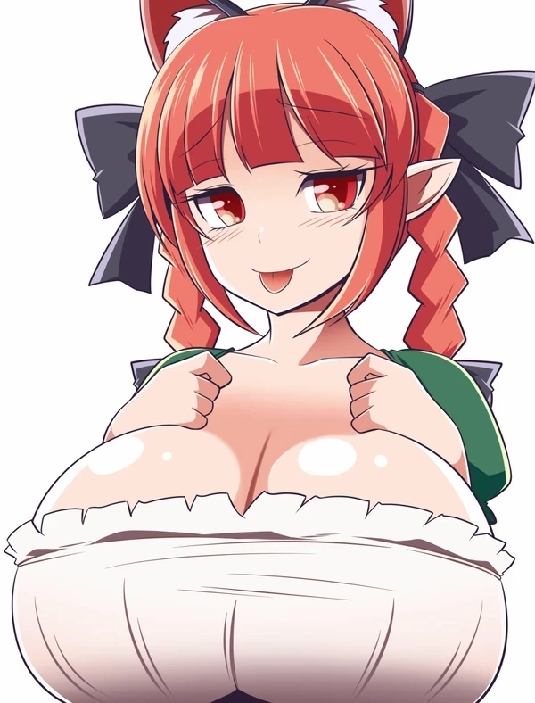 1girls braid braided_hair braided_twintails breasts cat_ears cleavage hair_ribbon huge_breasts large_breasts red_eyes red_hair rin_kaenbyou solo tongue tongue_out touhou xialu_zajin