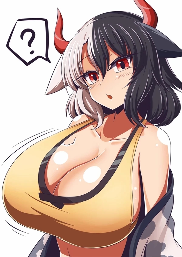 ?, 1girls, black hair, breasts, cleavage, cow horns, female, haori, horns, huge breasts, large breasts, red eyes, shirt, short hair, solo, speech bubble, touhou, two-tone hair, urumi ushizaki, white hair, xialu zajin, yellow shirt