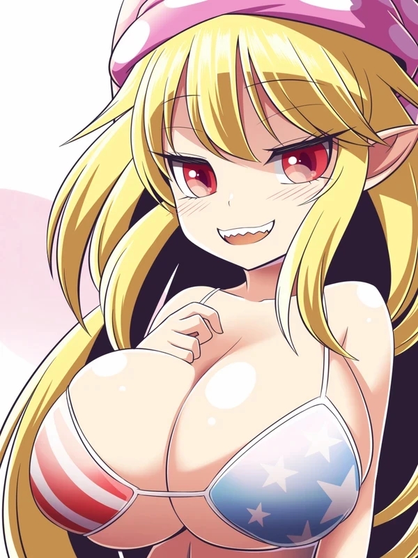 1girls american_flag american_flag_bikini blonde_hair breasts clownpiece huge_breasts jester_cap large_breasts long_hair looking_at_viewer red_eyes solo touhou xialu_zajin