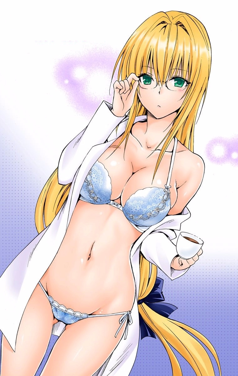 1girls bare_shoulders blonde_hair blue_bra blue_panties blush bra breasts cleavage coffee collarbone colorized cup female glasses green_eyes hair_intakes hair_ornament hair_ribbon highres holding holding_cup large_breasts long_hair milf navel panties ribbon shirt side-tie_panties solo tearju_lunatique thigh_gap thighs to_love-ru to_love-ru_darkness underwear very_long_hair yabuki_kentarou