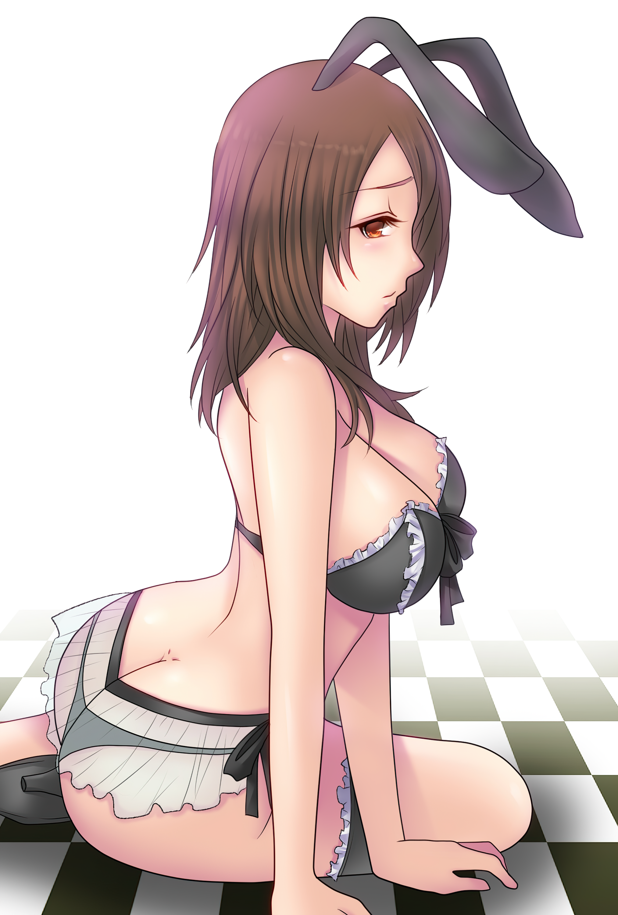 1girls, artist request, big breasts, black lingerie, breasts, brown hair, fatal frame, fatal frame 5, female, female only, footwear, highres, human, kozukata yuri, pale skin, rabbit ears