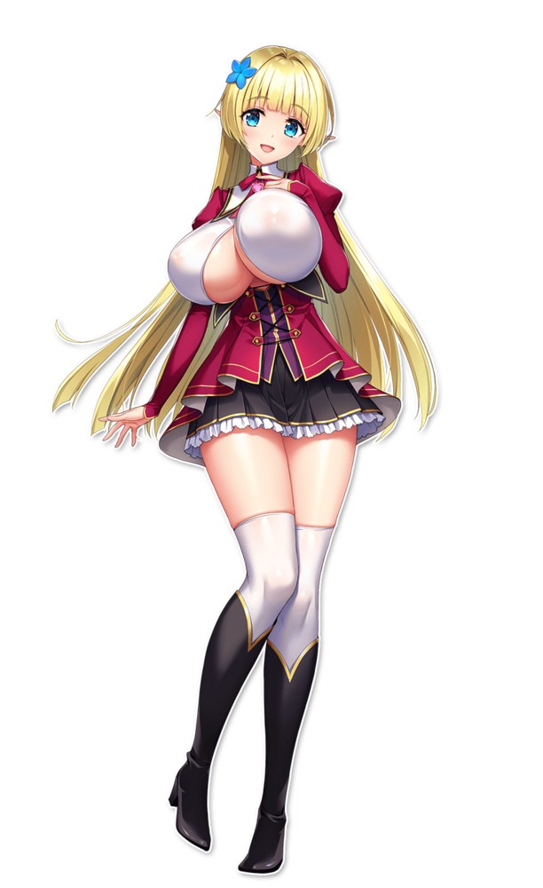 blonde_hair blue_eyes cleavage elf elf_ears female game_cg hair_ornament honoo_no_haramase huge_breasts long_hair miniskirt open_shirt pointy_ears school_uniform schoolgirl smiling