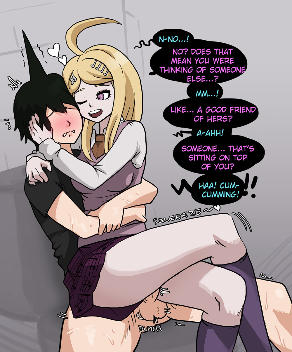 1boy, akamatsu kaede, assertive, big breasts, blonde hair, blush, breasts, clothed, clothed sex, clothing, comic, crossed legs, danganronpa, danganronpa v3, dialogue, female, femdom, hugging from behind, male, mosbles, penis, pink eyes, straight, straight hair, thick thighs, thigh sex