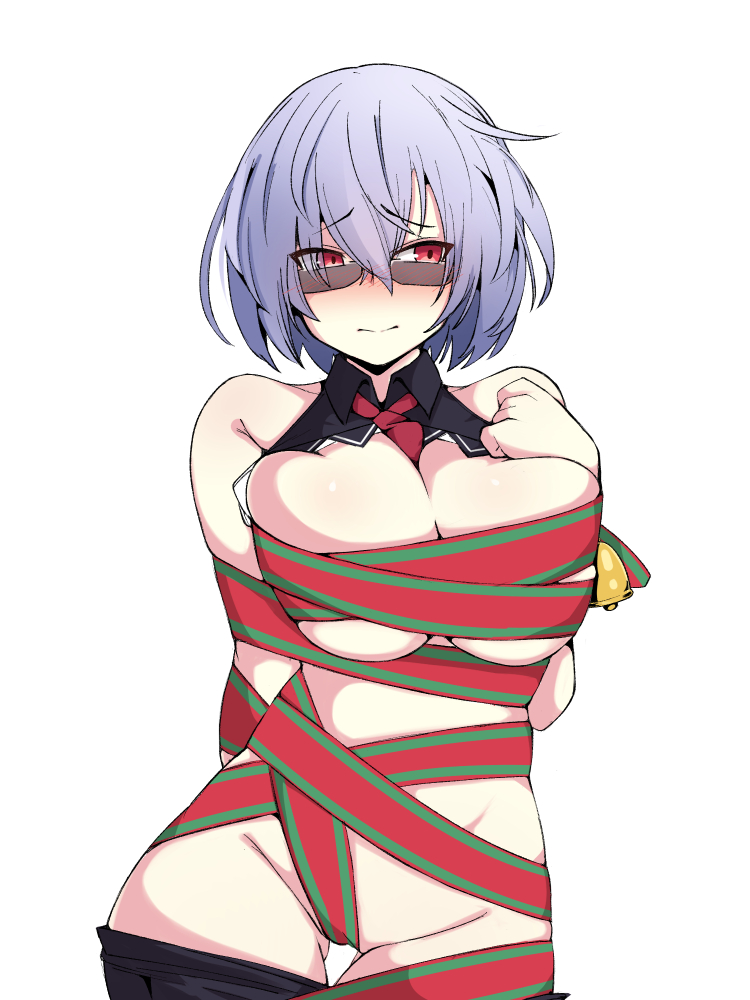 1girls bangs bare_shoulders blush breasts cleavage eyebrows_visible_through_hair female female_focus female_only girls'_frontline huge_breasts kumasteam large_breasts looking_over_eyewear looking_over_glasses looking_over_sunglasses naked_ribbon red_eyes ribbon short_hair sole_female solo sunglasses tagme thompson_(girls'_frontline) tinted_eyewear