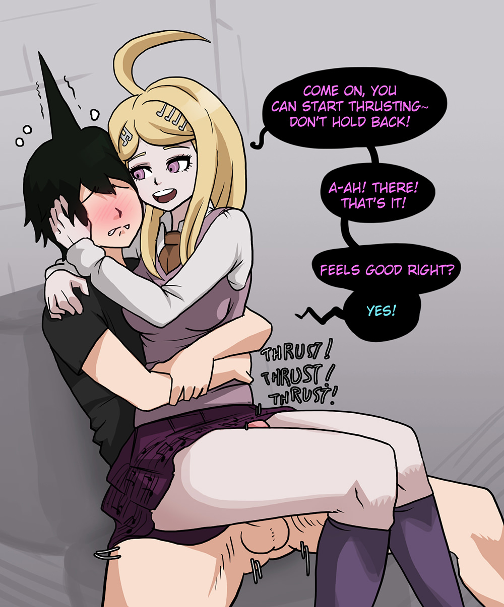 1boy, akamatsu kaede, assertive, big breasts, blonde hair, blush, breasts, clothed, clothed sex, clothing, comic, danganronpa, danganronpa v3, female, femdom, hugging from behind, male, mosbles, penis, straight, straight hair, thick thighs, thigh sex